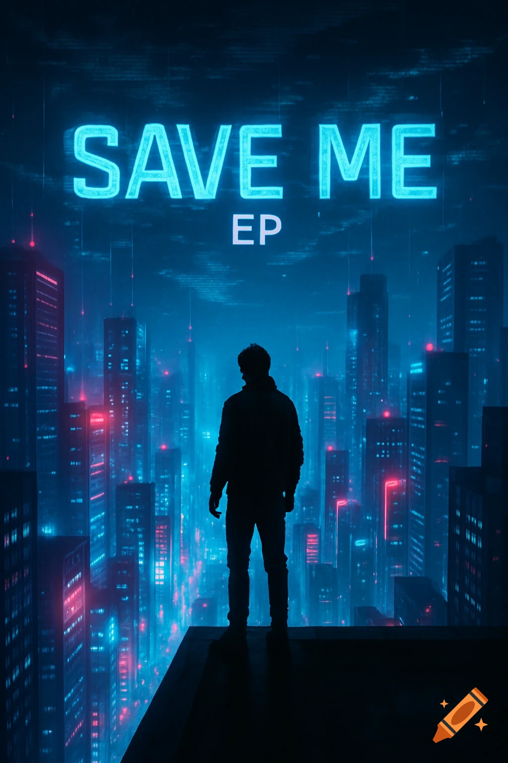 Silhouette of a person on a rooftop overlooking a neon-lit futuristic city, with glowing 'SAVE ME EP' text.