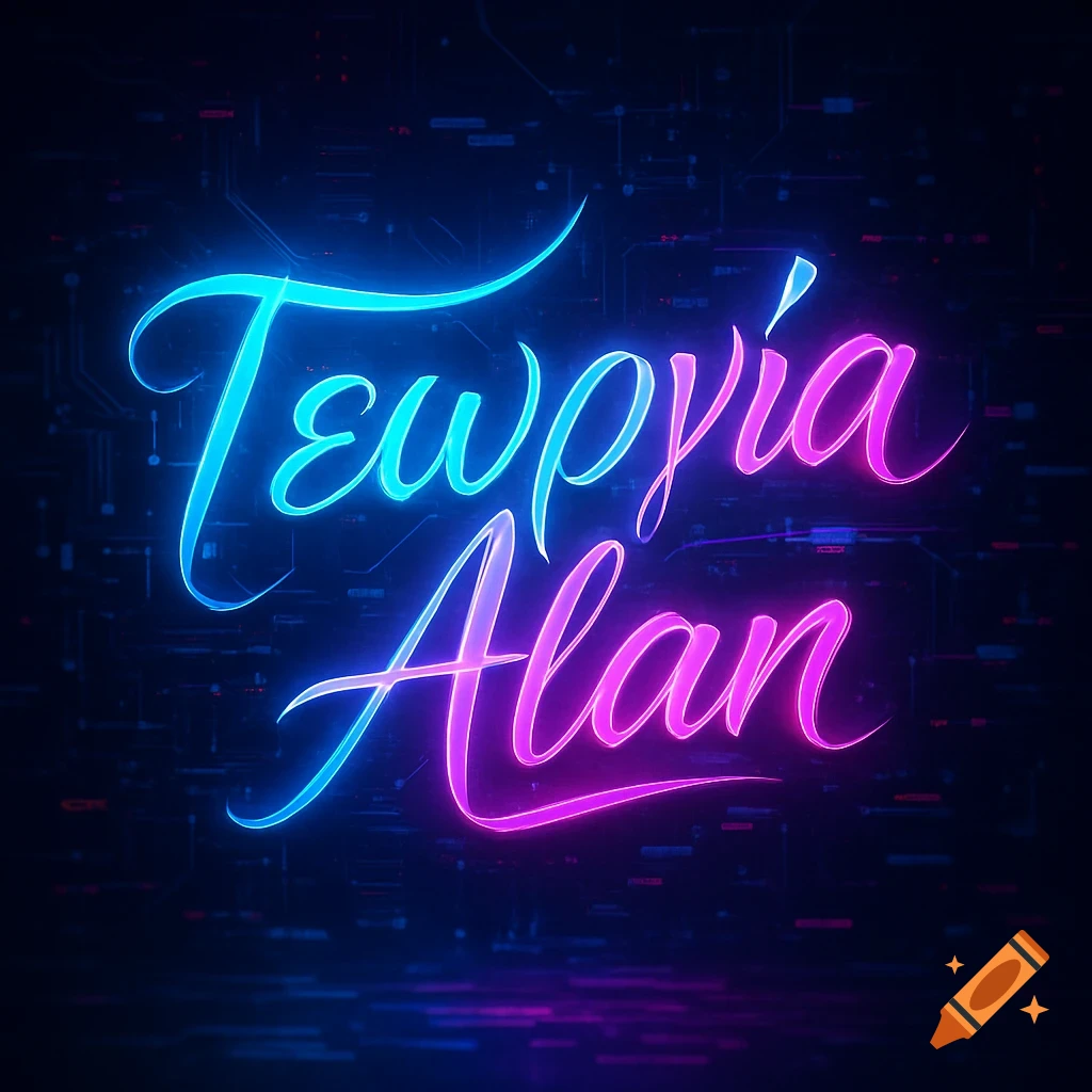 Neon blue Greek name 'Γεωργία' and pink name 'Alan' in futuristic script over a dark circuit background.