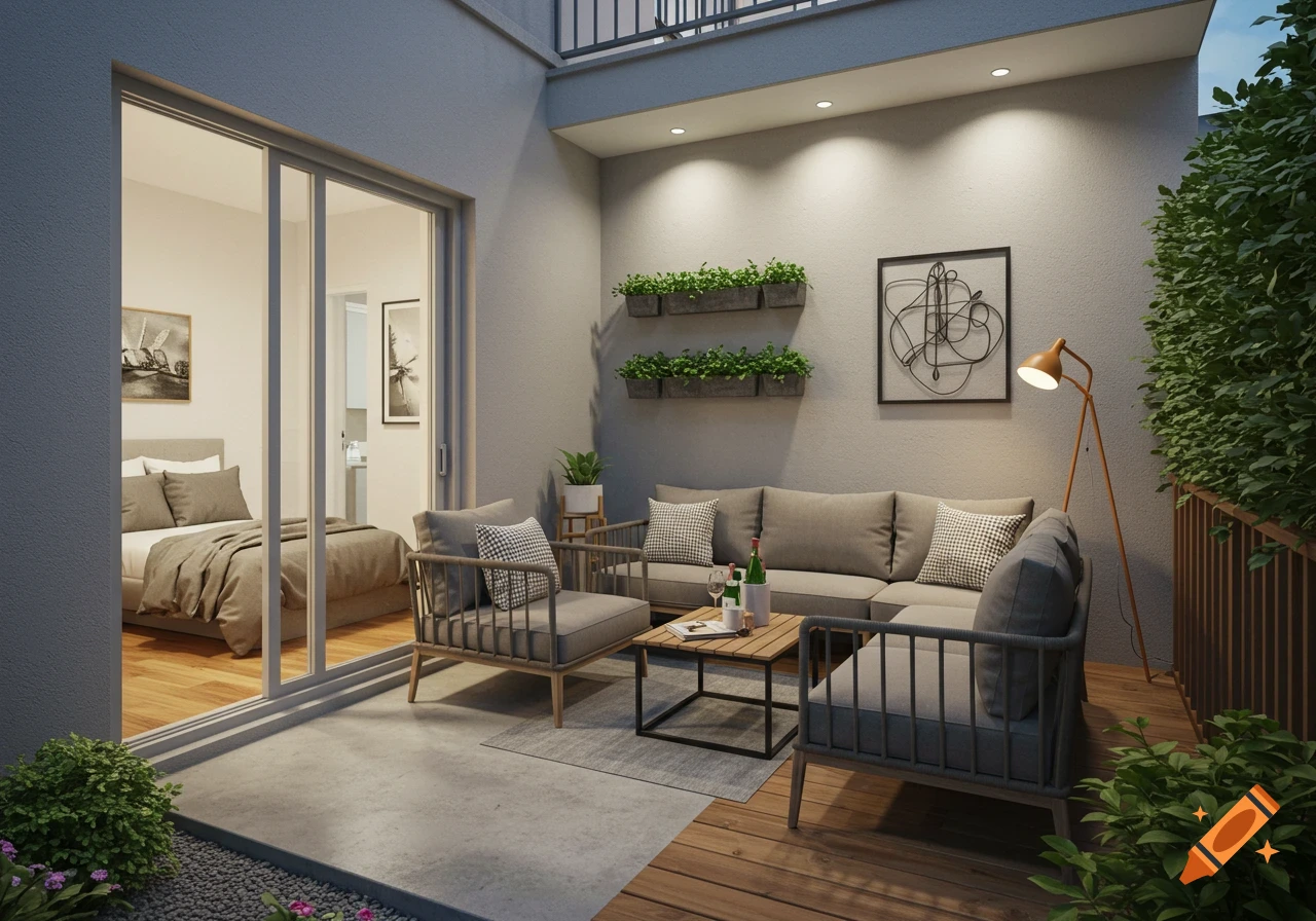 Modern patio with a gray L-shaped couch, armchairs, coffee table, and plants, next to a bedroom.