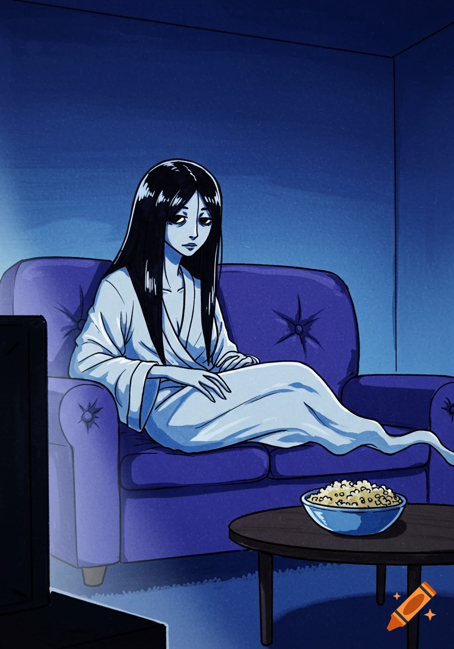 Anime ghost woman in a white robe on a purple couch watching TV in a dark blue room with popcorn.