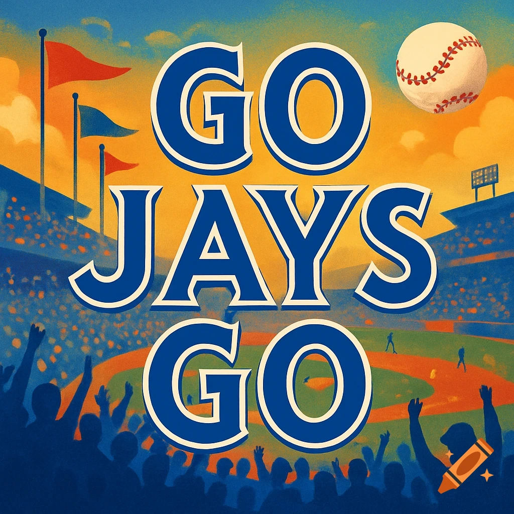 An illustrative baseball stadium scene with fans cheering and a baseball, featuring the bold blue text 'GO JAYS GO' in a jersey-style font.