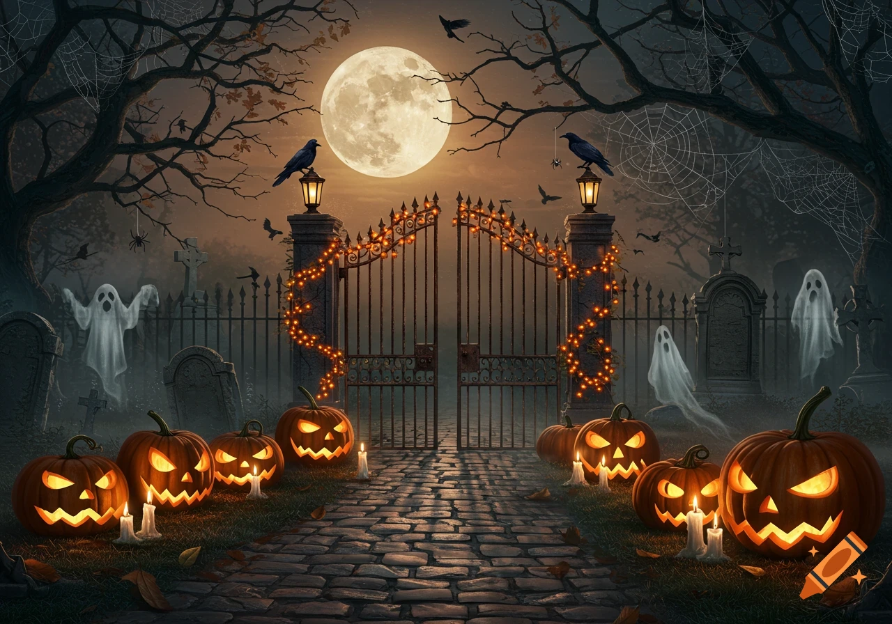 A spooky Halloween scene with glowing jack-o'-lanterns, ghostly figures, and a decorated gate under a full moon in a graveyard.