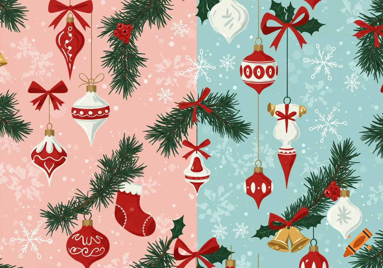 A seamless Christmas pattern with vintage 1950s style ornaments, pine branches, and snowflakes on a background split between pink and blue.