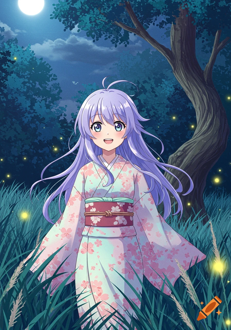 An anime girl with long lavender hair and blue eyes smiles in a cherry blossom kimono, standing in tall grass with fireflies under a full moon in a dark forest.