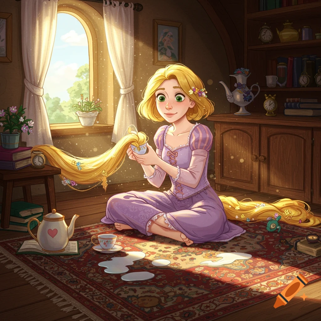 Short-haired Rapunzel sits on a rug, holding her long hair in a teacup, with spilled milk on the floor in a sunlit room.