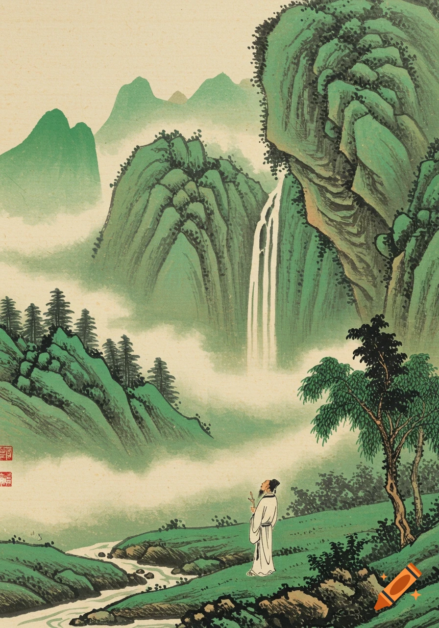 Traditional Chinese ink and color landscape painting of a scholar gazing at a waterfall and green mountains with a river.