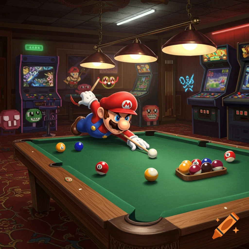 Super Mario leans over a green billiards table, holding a cue stick, in a dim arcade room with pixelated characters and various arcade machines.