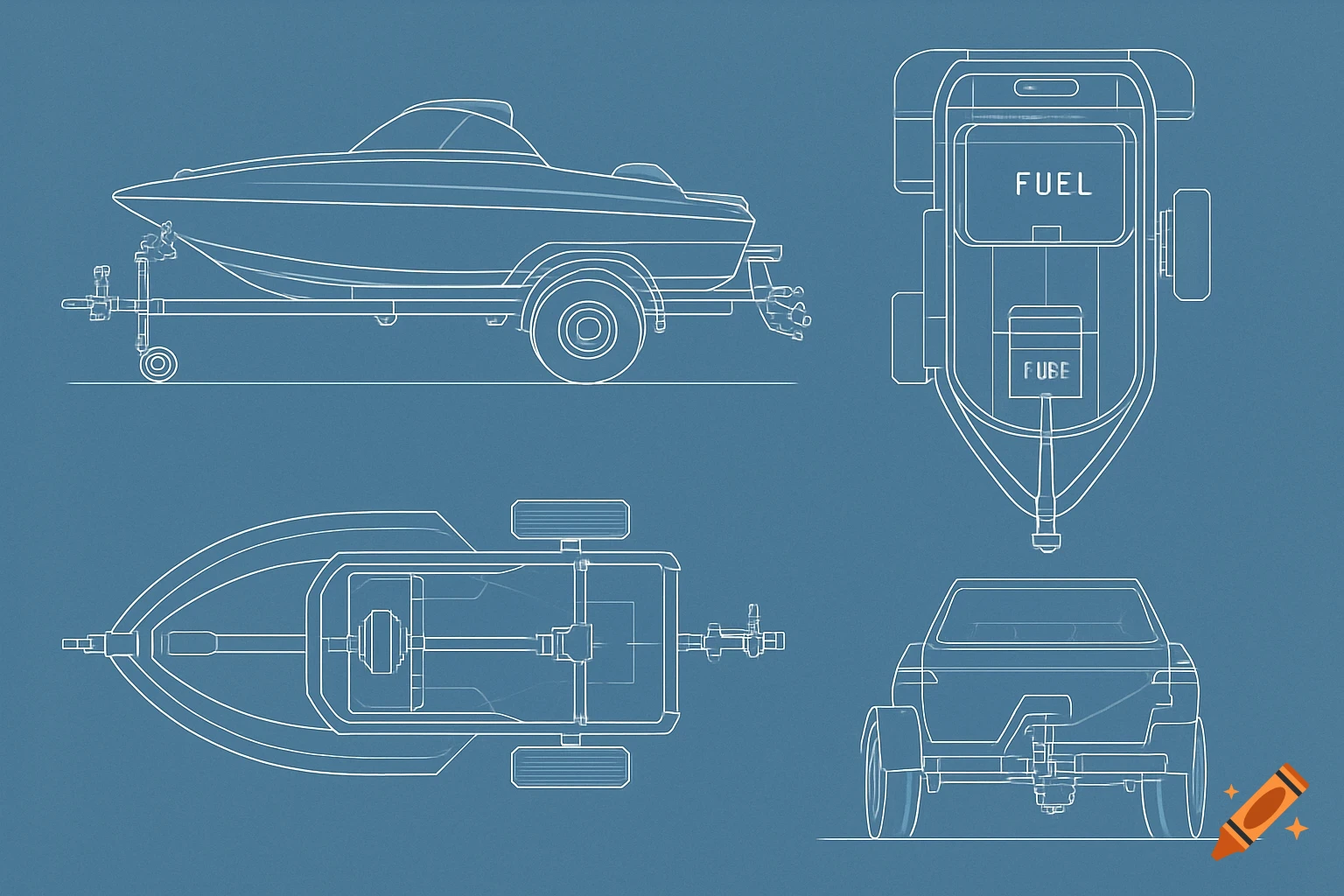 Blueprint diagrams of a boat on a trailer in four views on a blue background with white lines, showing 'FUEL' and 'FUBE' labels.
