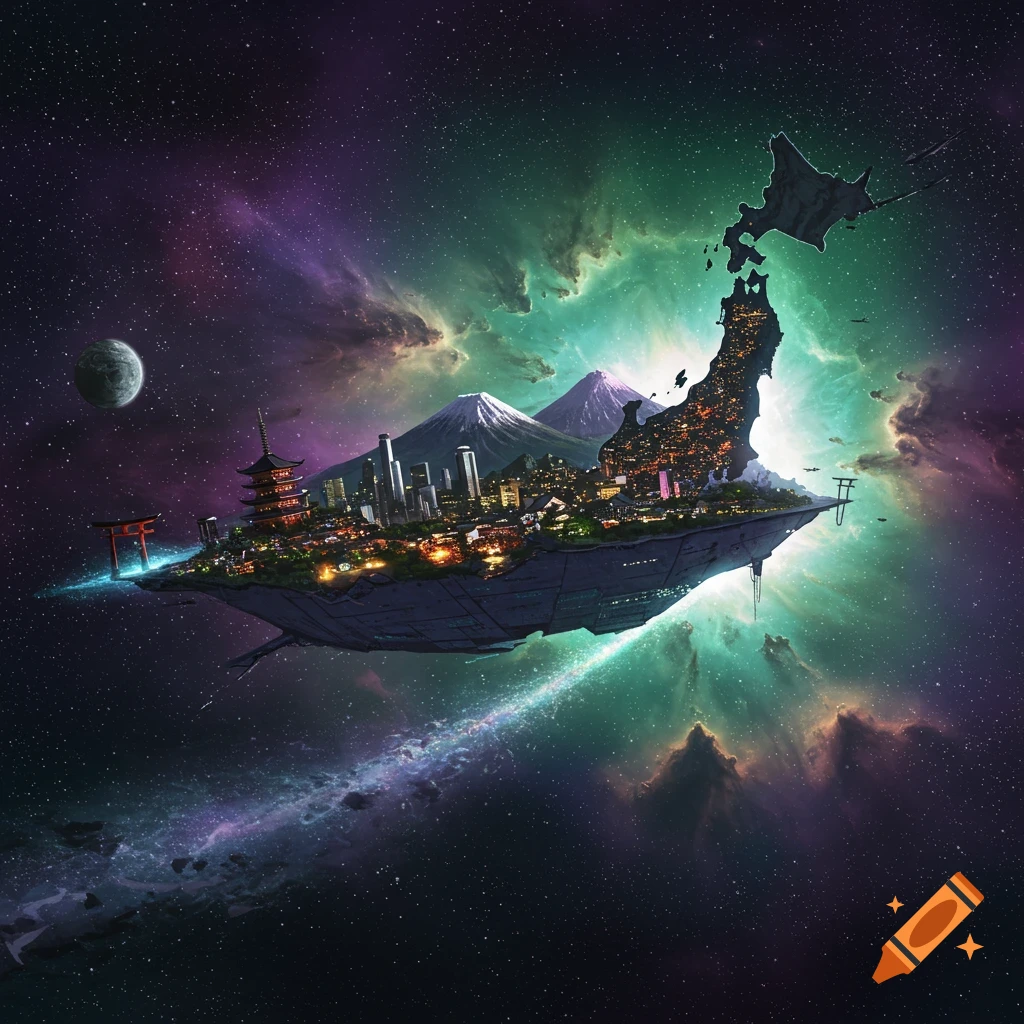 A futuristic spaceship shaped like Japan, featuring illuminated cities, mountains, and traditional architecture, floats in a colorful nebula.