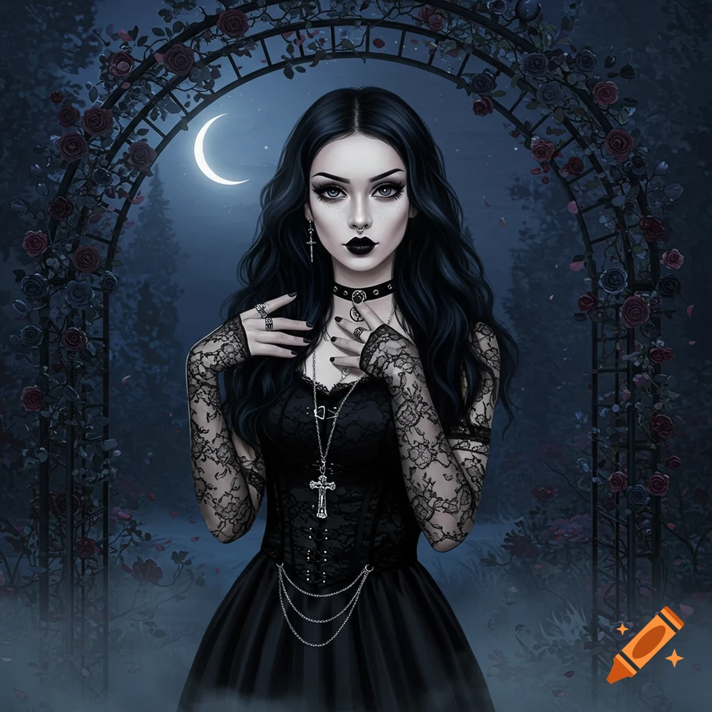 Gothic woman in black lace dress with dark makeup and a nose ring, standing under a rose arch with a crescent moon in a dark garden.