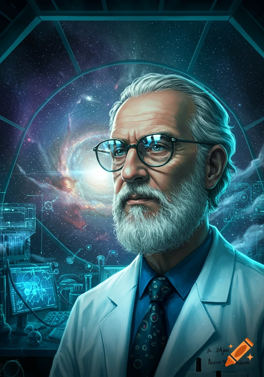 A digital art portrait of an older scientist with glasses and a white beard, in a futuristic lab overlooking a galaxy.