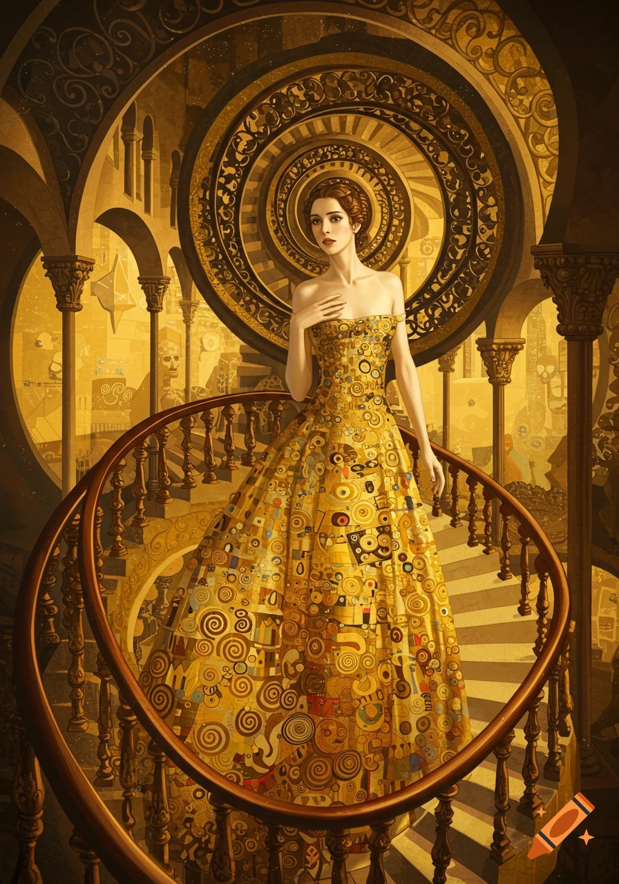 A woman in a gold, patterned Klimt-style dress stands on a spiral staircase in an ornate, Escher-esque architectural setting.