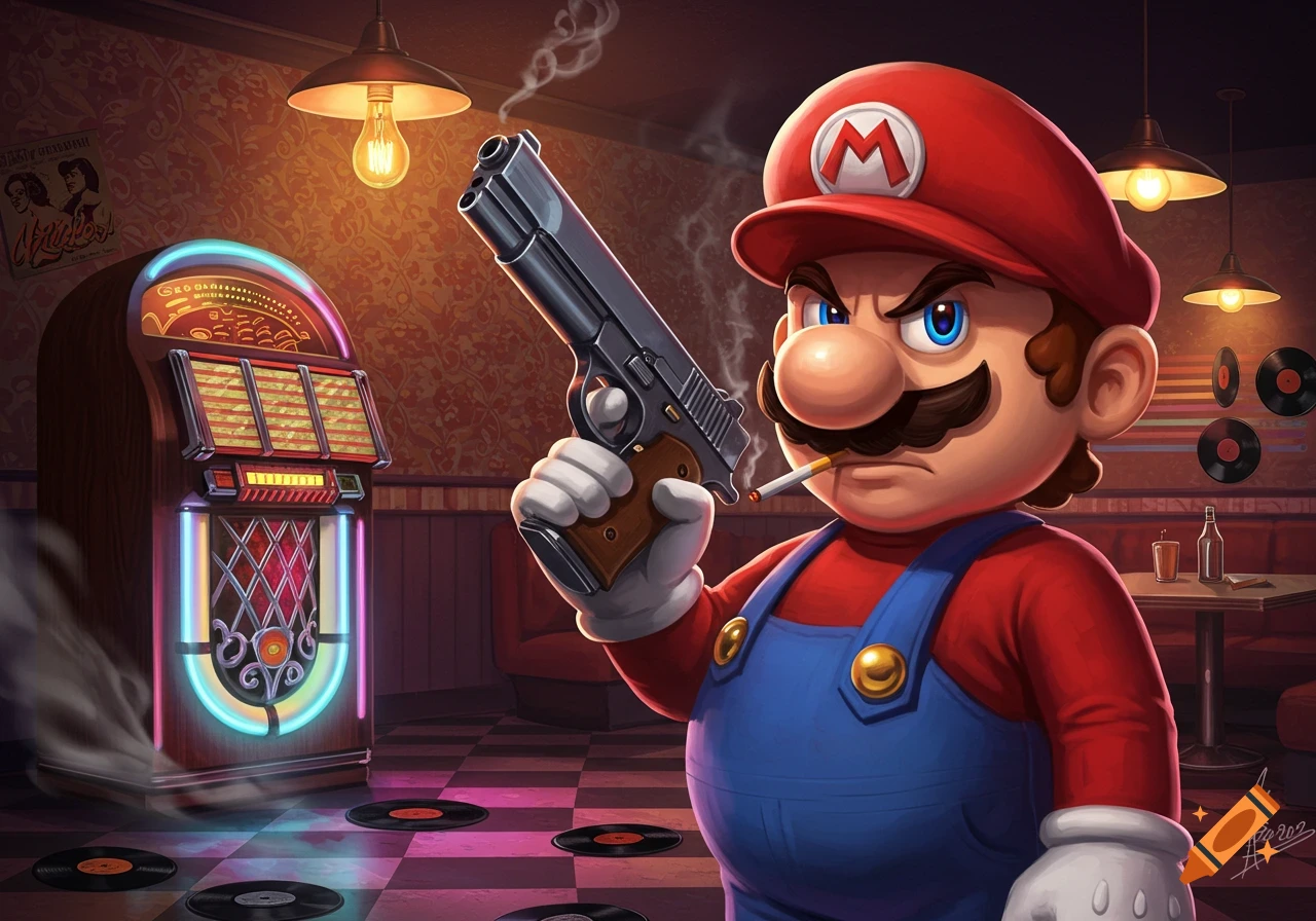 Cartoon Mario with a mad expression, holding a pistol and smoking a cigarette in a retro diner with a jukebox and vinyl records.