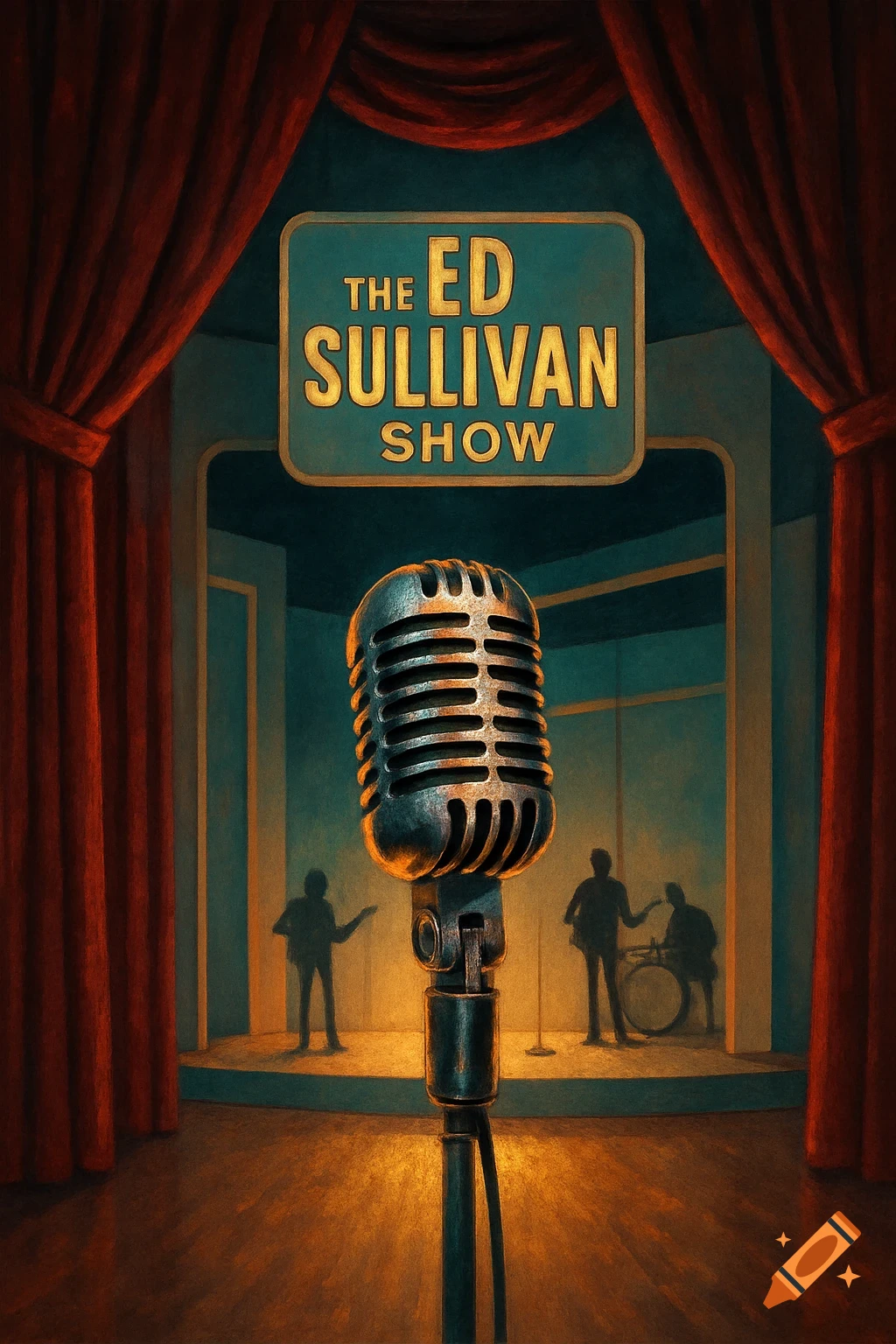 A vintage microphone on a dimly lit stage under 'The Ed Sullivan Show' sign, with silhouetted musicians, in a painterly style.