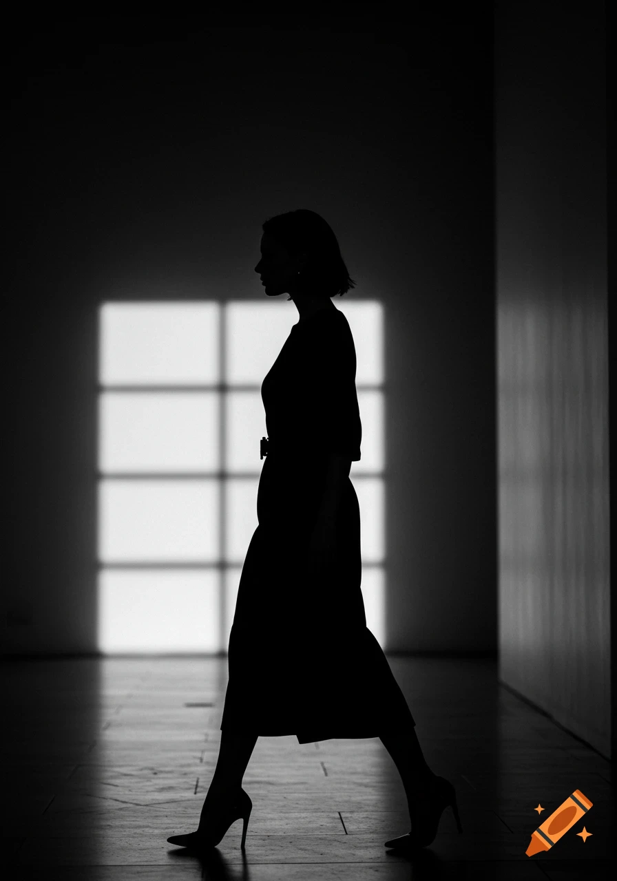 A black and white silhouette of a woman in high heels walking past a window grid.