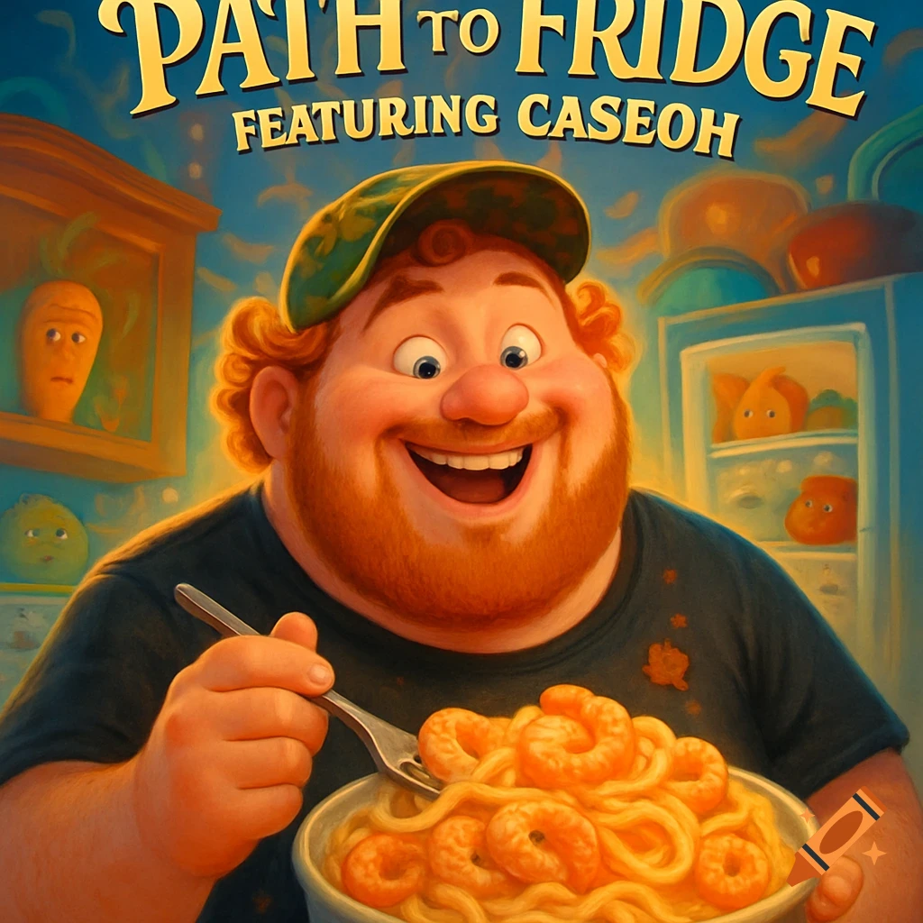 Disney-style animated movie poster: a happy, obese ginger man in a camo hat eats shrimp alfredo beneath the title 'PATH TO FRIDGE FEATURING CASEOH'.