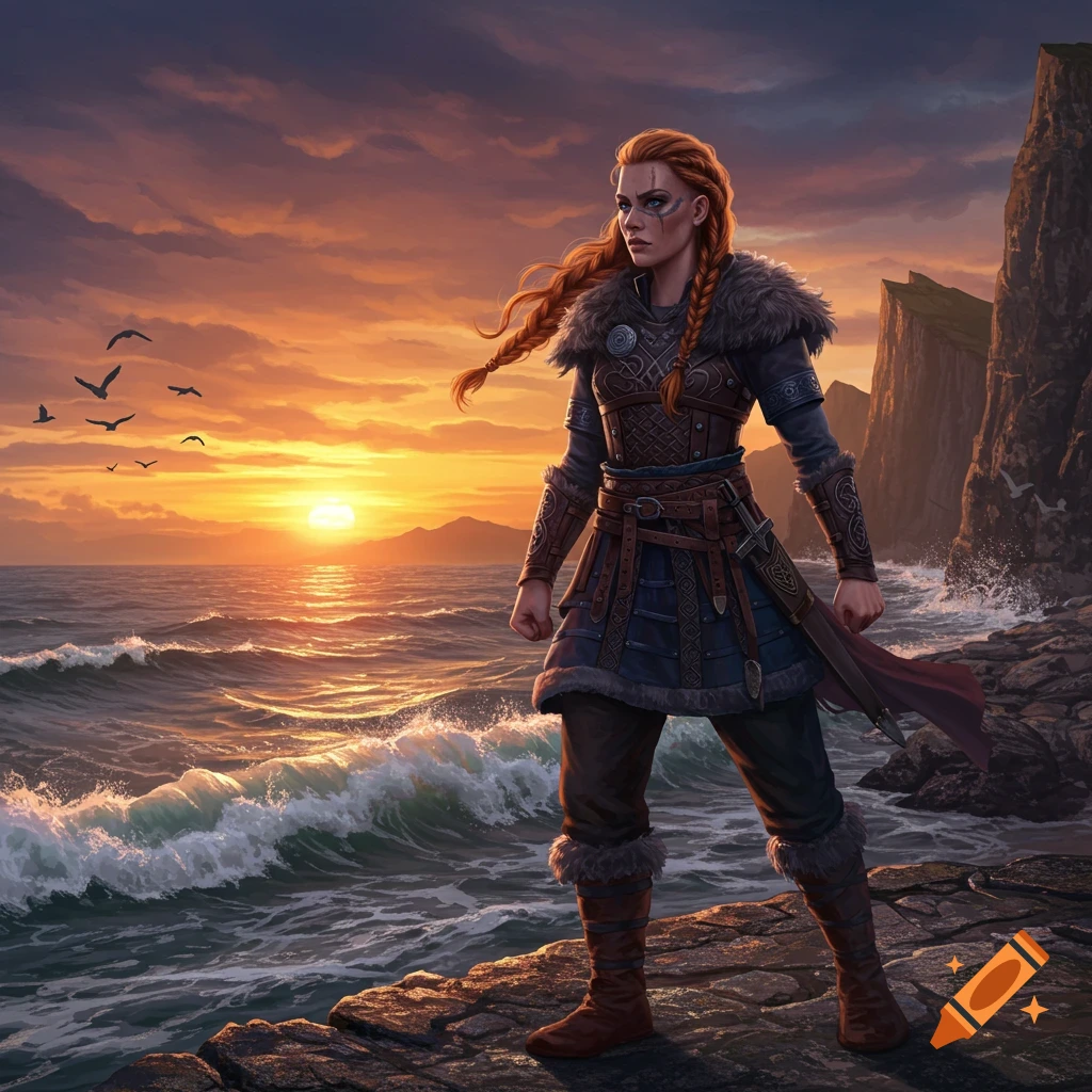 Red-haired Viking woman in armor stands on a rocky shore overlooking a wavy sea at sunset, digital painting.