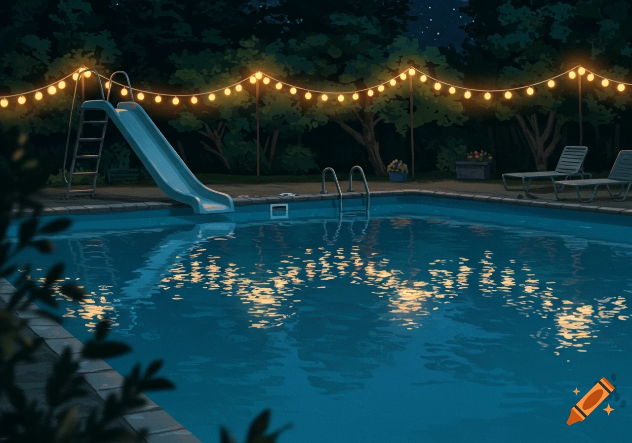 Nostalgic illustration of a swimming pool at night, illuminated by string lights, with a blue slide and lounge chairs.