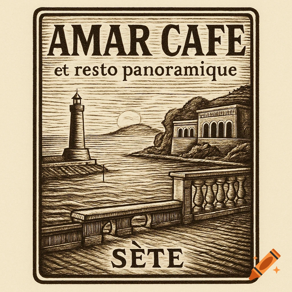 Woodcut style logo for 'AMAR CAFE' with a coastal scene featuring a lighthouse, cliffside buildings, and a promenade at sunset, titled 'SÈTE'.