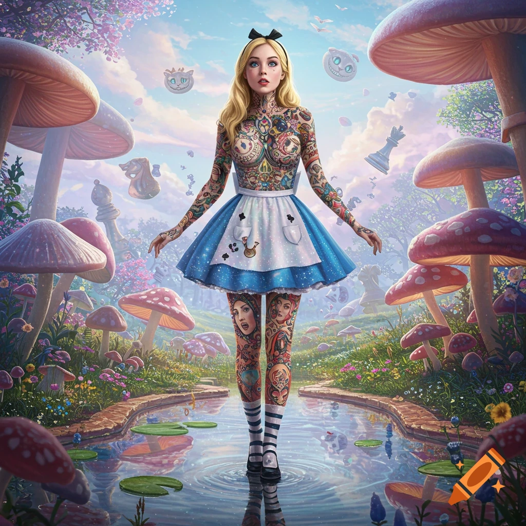 A heavily tattooed Alice in Wonderland stands in a surreal mushroom forest with a reflective pond and floating chess pieces.