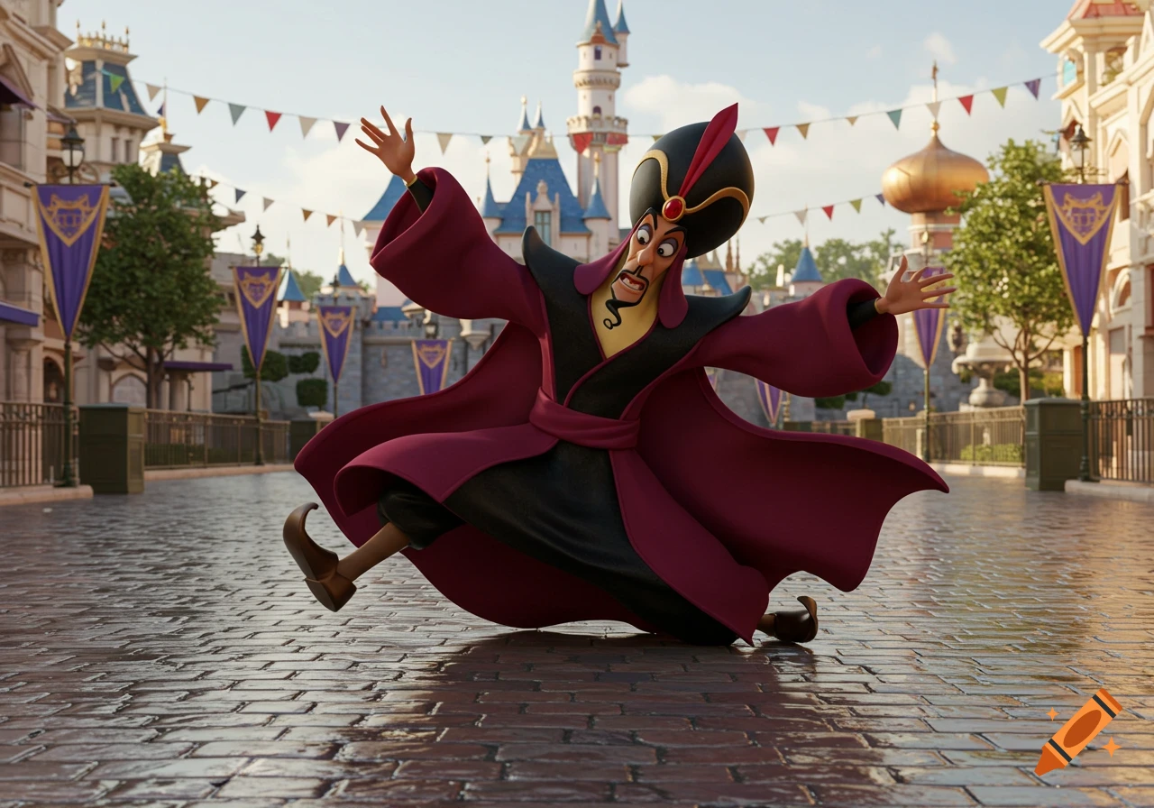 3D animated Jafar from Disney's Aladdin slips on a wet cobblestone street at Disneyland Paris, castle visible in background.