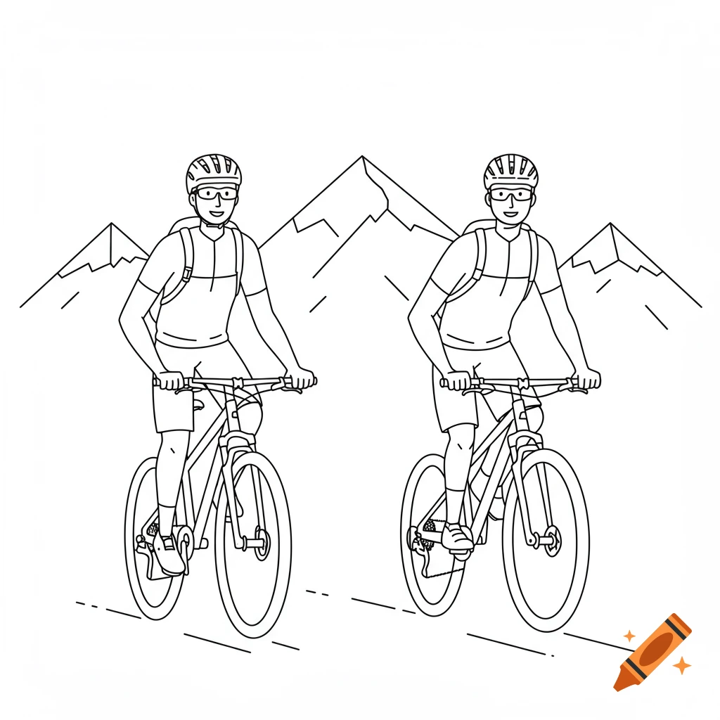 Two male mountain bikers with helmets and glasses ride bikes with mountains in the background, in a simple line art style.