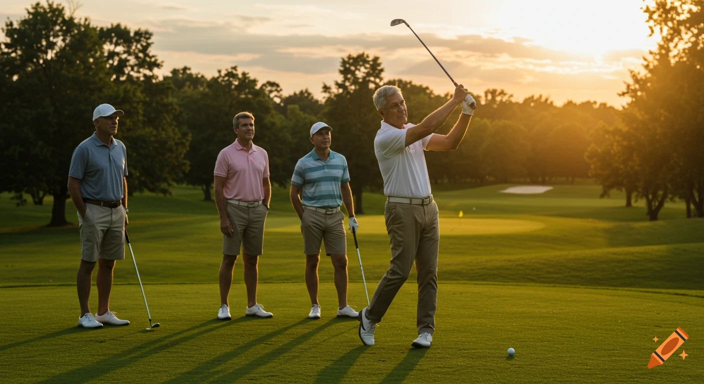 Four men on a golf course at sunset, one man mid-swing hitting a golf ball while his friends watch.