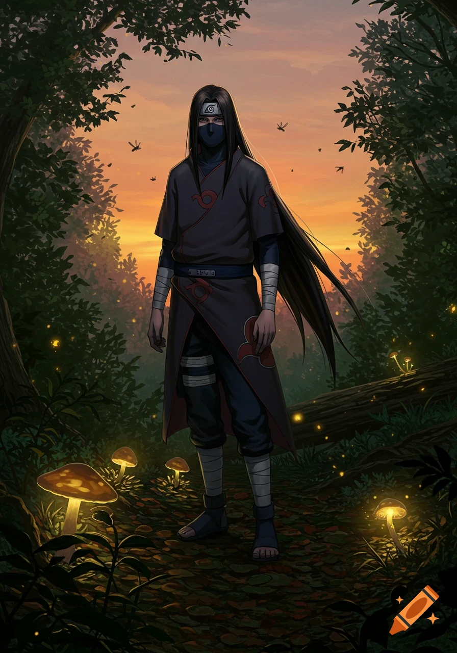 A ninja with long black hair, a mask, and a headband stands in a mystical forest with glowing mushrooms at sunset.