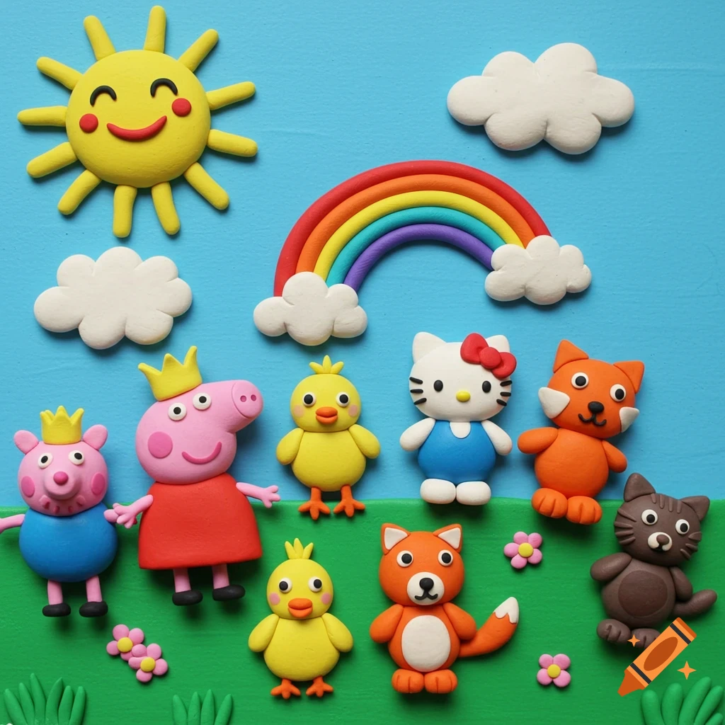 Colorful clay art featuring Peppa Pig, Hello Kitty, chicks, foxes, and a cat under a smiling sun and rainbow.