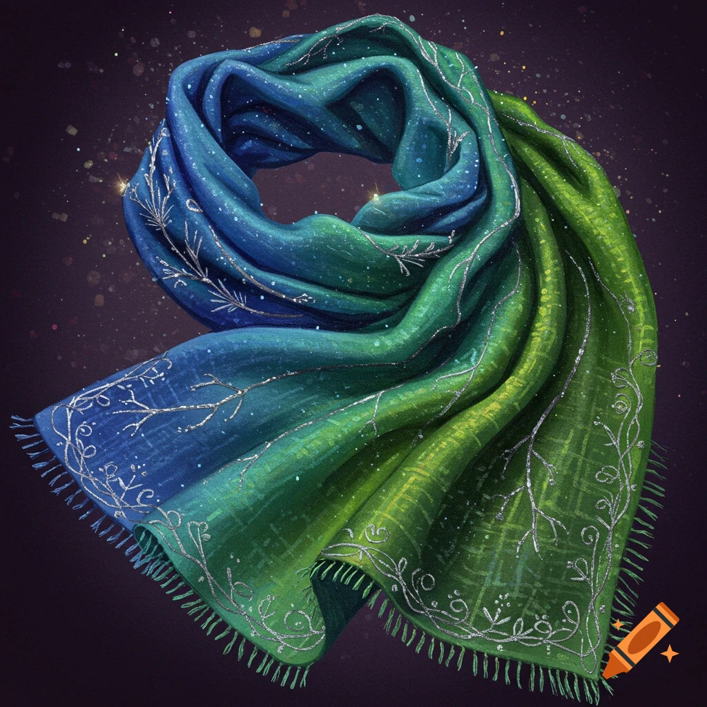 A flowing blue and green ombre scarf with silver leaf-like embroidery and fringe, against a dark, speckled background.