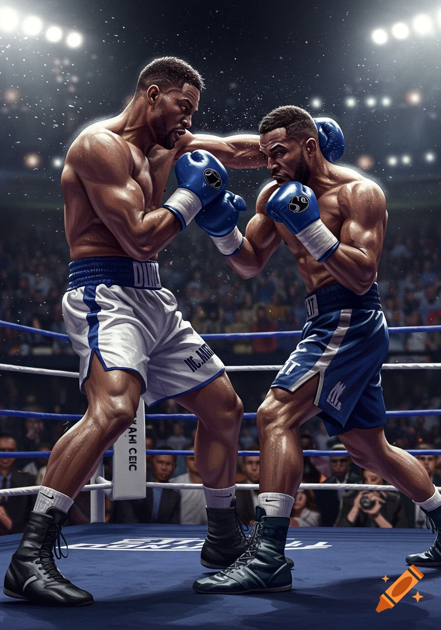 Two male boxers in blue and white shorts and blue gloves fight in a brightly lit boxing ring with a blurred crowd in the background.