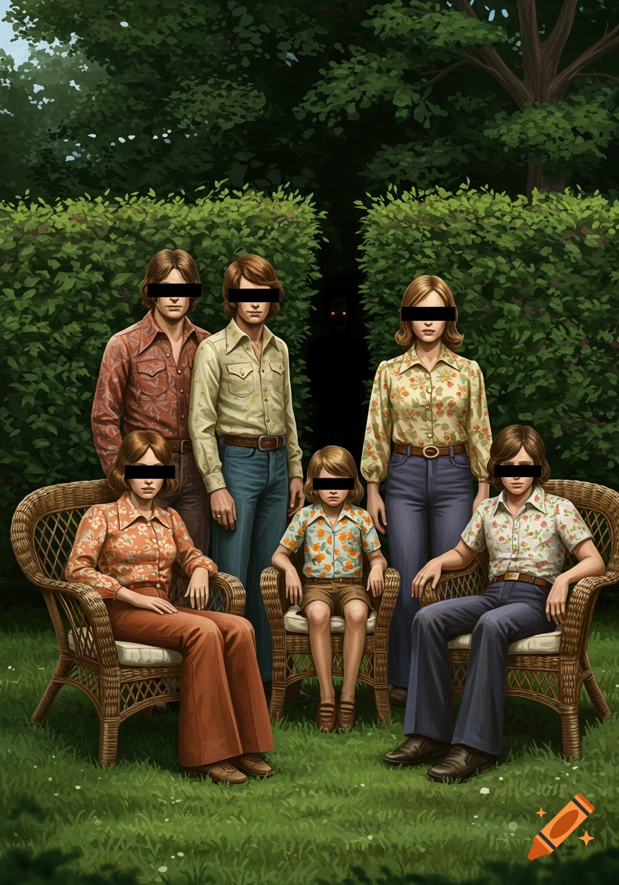 A creepy 1970s-style family portrait with black bars over their eyes, a shadowy creature with red eyes lurks in the background.