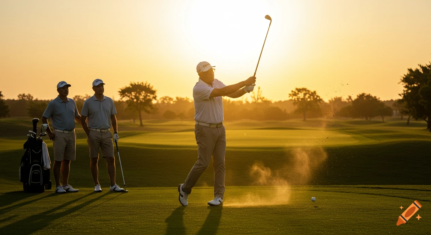 A golfer swings, kicking up turf, while two friends watch on a sunny course at sunset, warm tones, photorealistic.