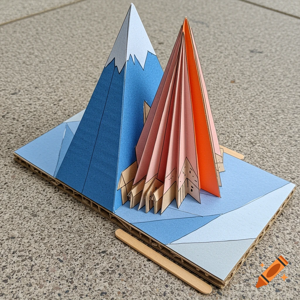 A tabletop pop-up sculpture made from blue, pink, and orange paper, depicting a mountain landscape with small houses on a cardboard base.