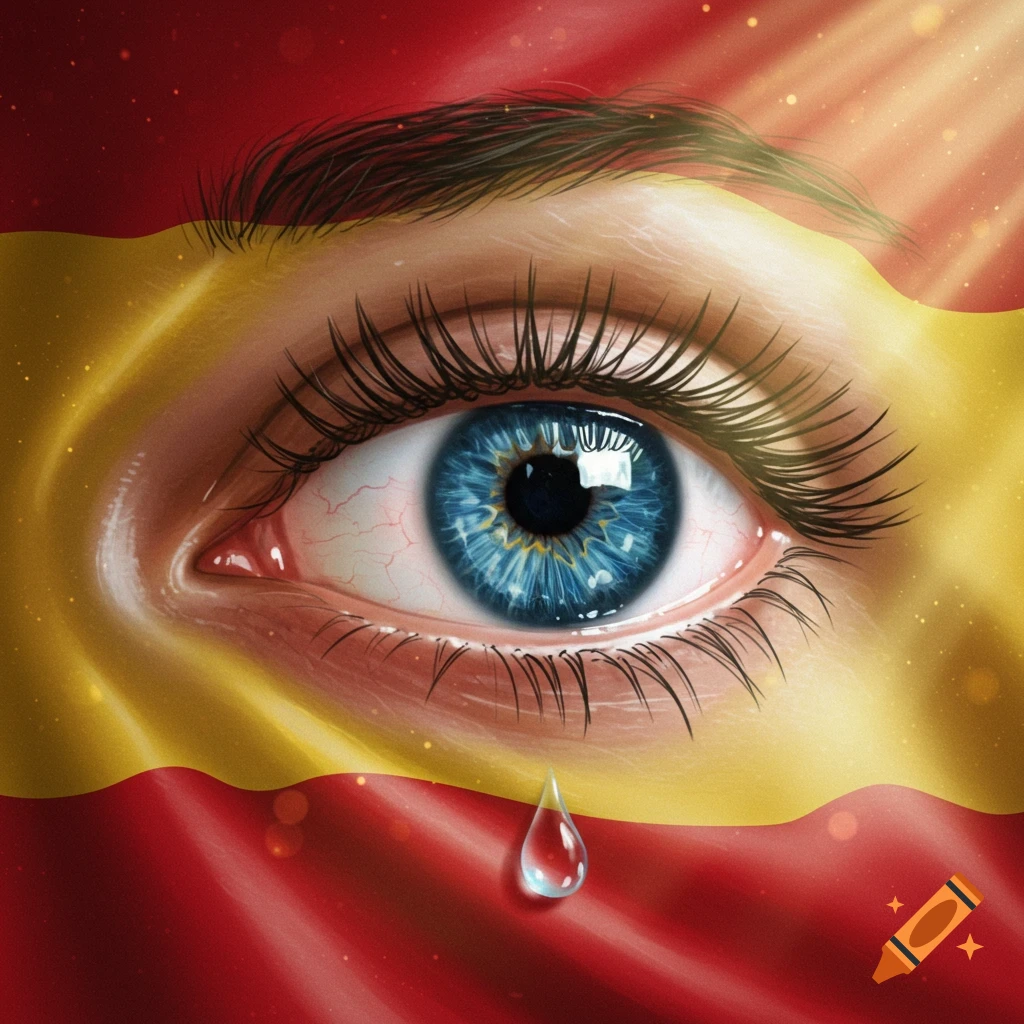 A close-up digital art image of a detailed crying blue eye with prominent eyelashes, partially covered by a waving red and yellow flag pattern, with a single tear falling.