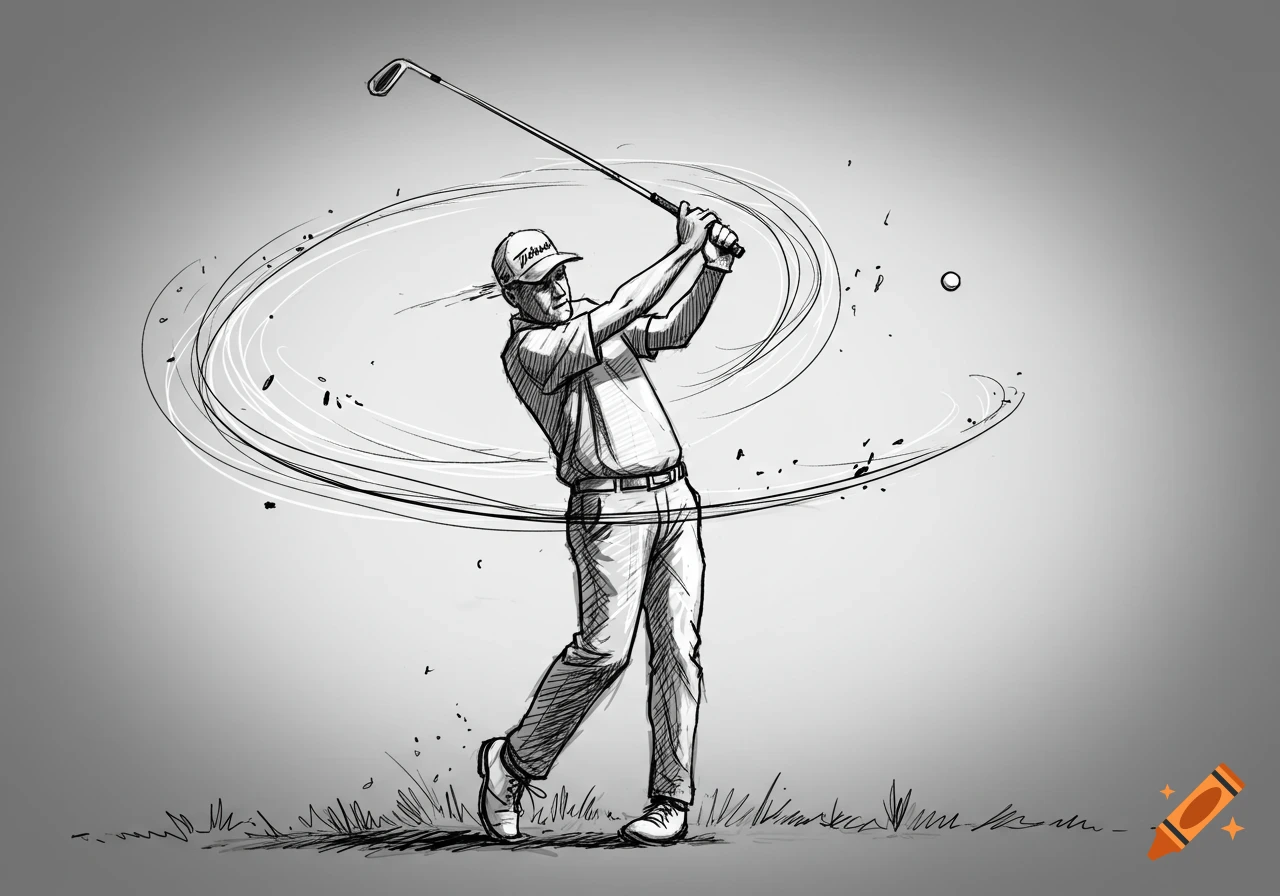 Black and white sketch of a male golfer mid-swing, creating dynamic swirls to show movement.