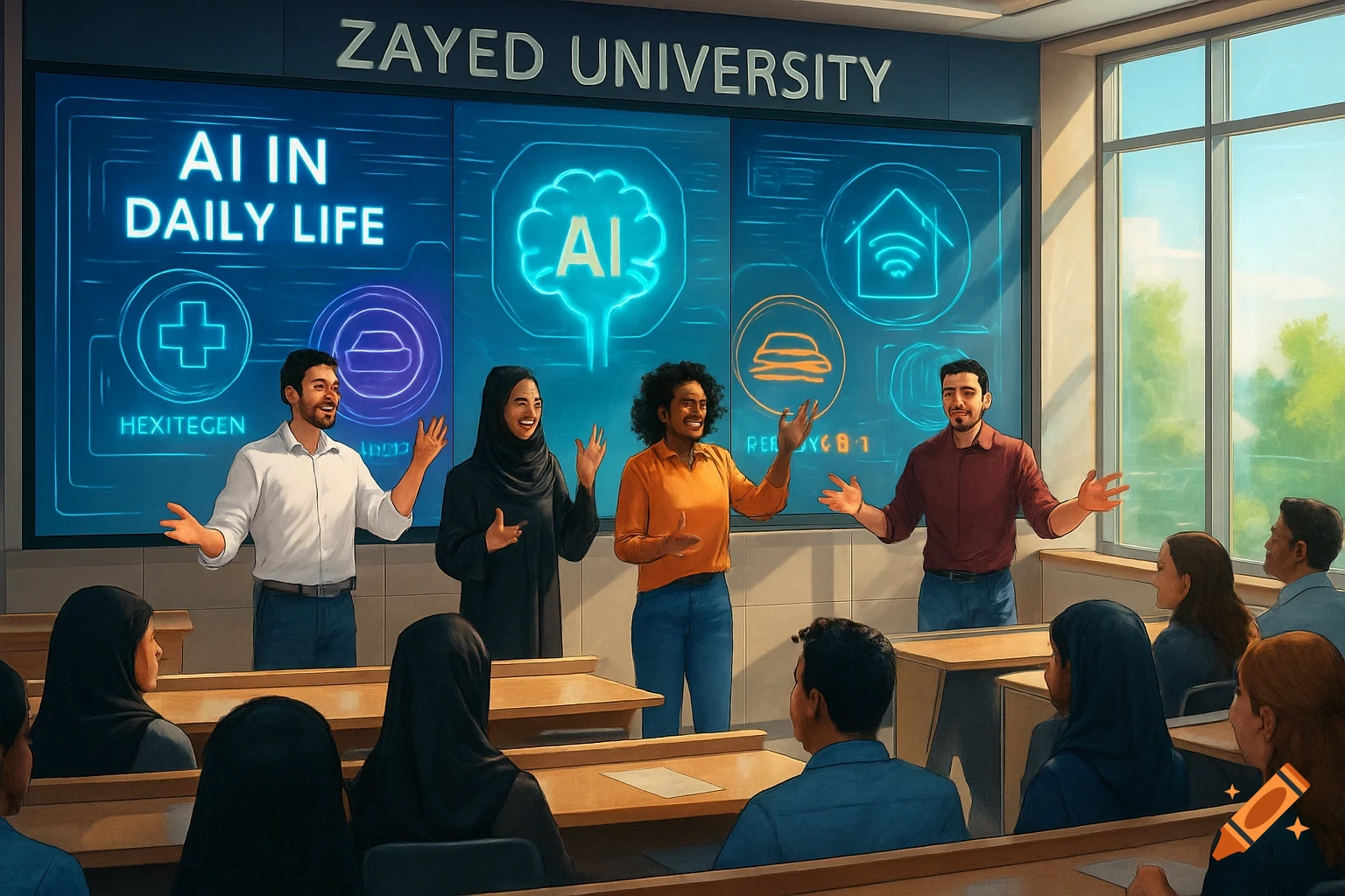 Four diverse presenters in a modern classroom at Zayed University, explaining "AI IN DAILY LIFE" on large glowing screens to seated students.