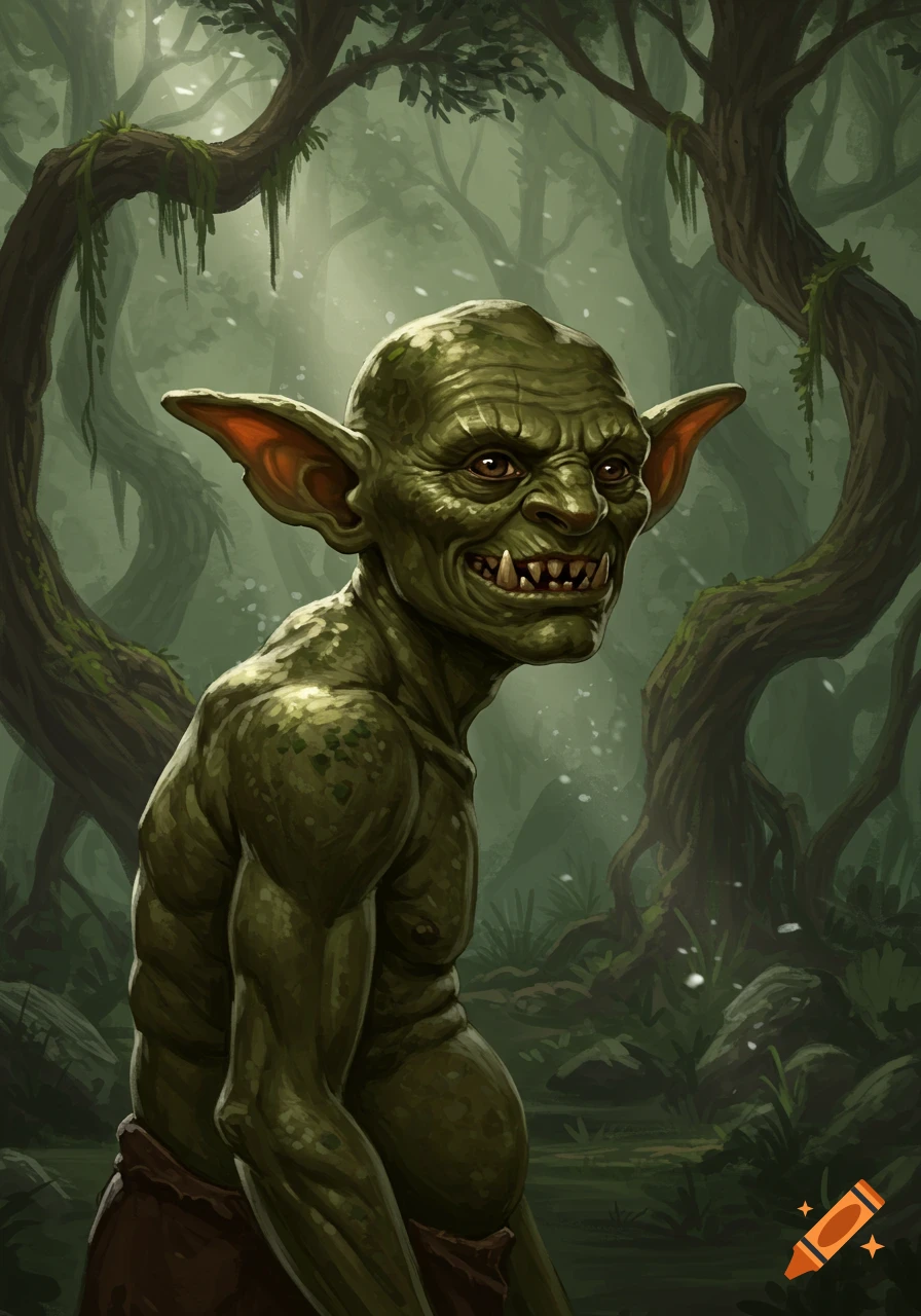 A green-skinned goblin with sharp teeth and large ears, wearing brown cloth, stands in a misty, gnarled forest.