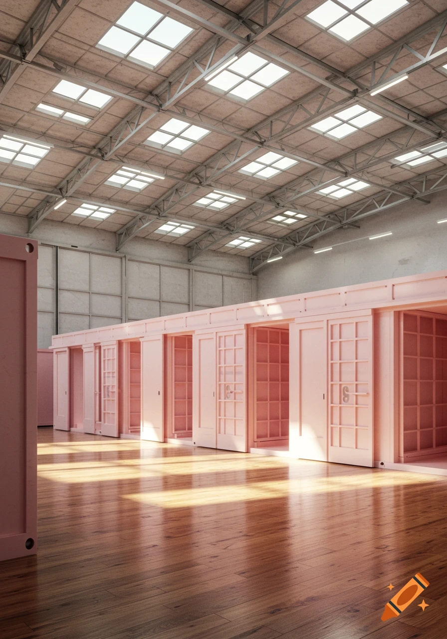 A photorealistic image of a bright warehouse interior with a polished wooden floor and skylights, featuring a long row of pink storage containers with open doors.