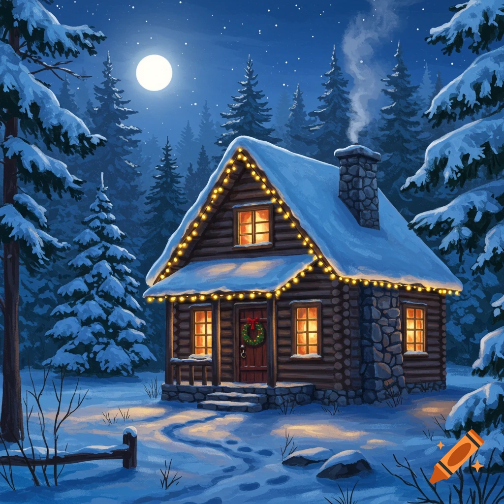 A cozy log cabin decorated with Christmas lights in a snowy forest at night under a full moon.