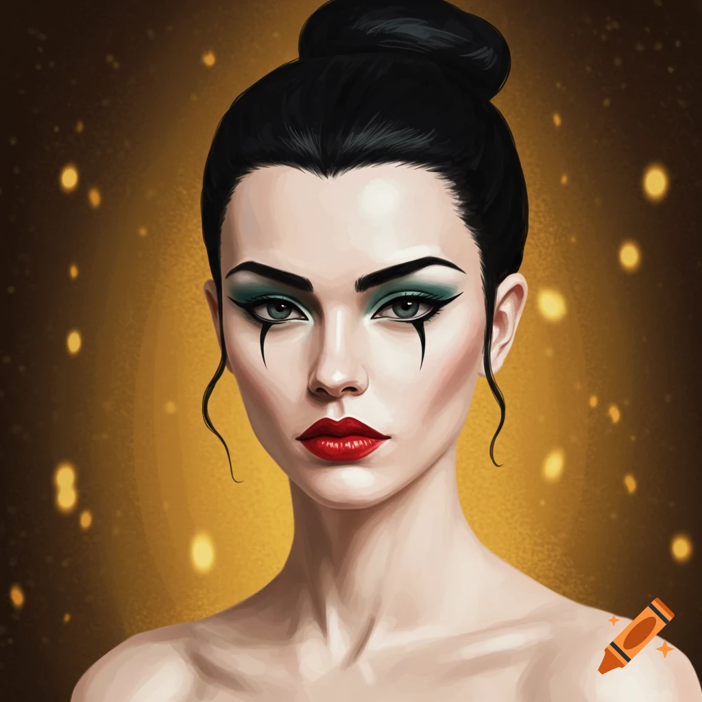 Digital painting of a woman with dark hair in a bun, striking green and black theatrical eye makeup, and red lipstick, against a golden bokeh background.
