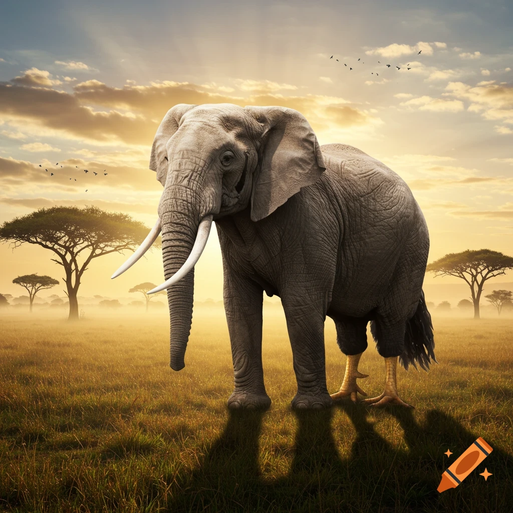 A photorealistic hybrid of an elephant with chicken legs stands in a sunny savanna with acacia trees at sunset.