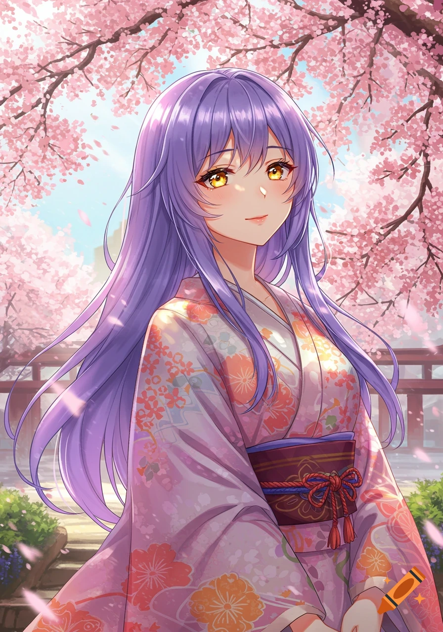 An anime girl with long violet hair and golden eyes wearing a pink floral kimono stands under cherry blossom trees.
