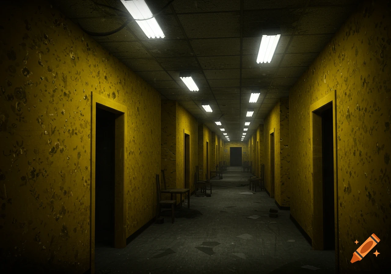 A long, dark, unsettling hallway with dirty yellow, peeling wallpaper, fluorescent lights, many doors, and scattered chairs.