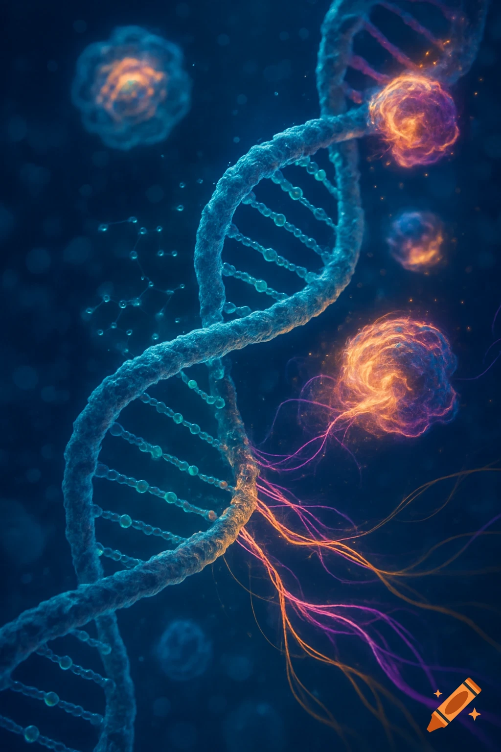 Vibrant blue DNA double helix with glowing orange and purple cellular structures and energy trails against a dark background.