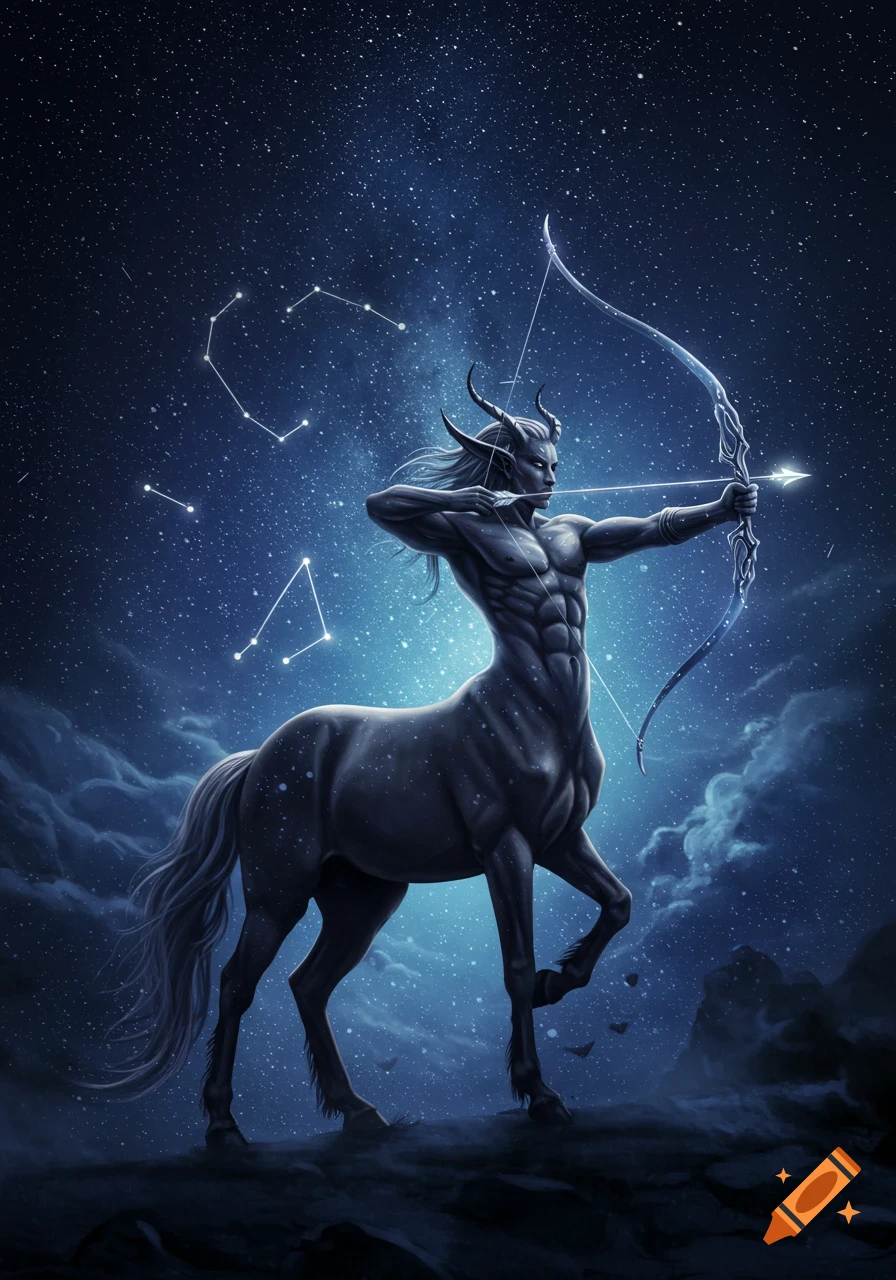 A muscular, dark-skinned centaur-like figure with horns and long hair aims a glowing bow and arrow under a vast starry night sky with constellations.