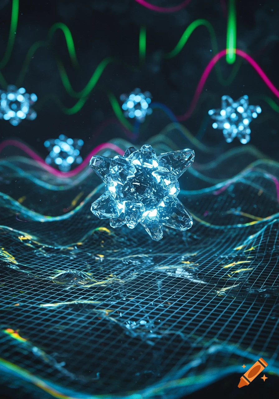 A bright blue multifaceted crystal floats above a dark glowing grid, with smaller glowing blue crystals and neon wavy lines in the background.