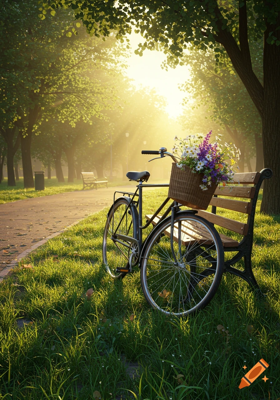 A bicycle with a basket of flowers leans against a park bench in golden morning light, with a path and trees in the background.