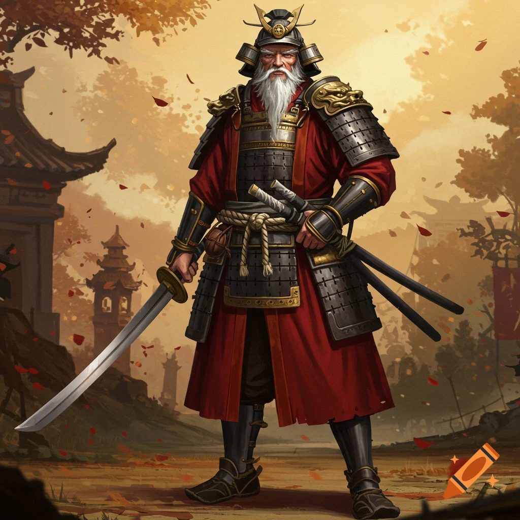 An old man with a long white beard, dressed in red clothes and black and gold samurai armor, wields a long sword. Autumn leaves fall around him in a traditional Japanese setting.