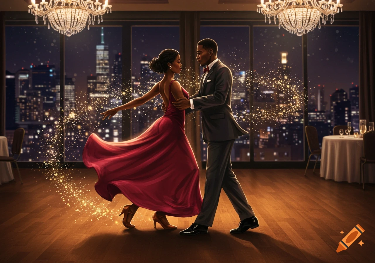 An elegant African American couple waltzing in a ballroom with a sparkling effect and a city night skyline.